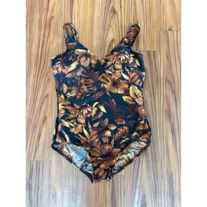 Miraclesuit Womens Floral One Piece Swimsuit Brown Gold Black V-Neck Shaping